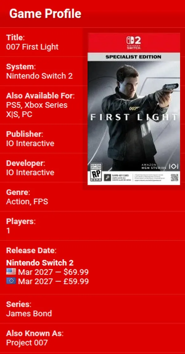 Карточка 007 First Light для Switch 2: март 2027, $69.99 и £59.99