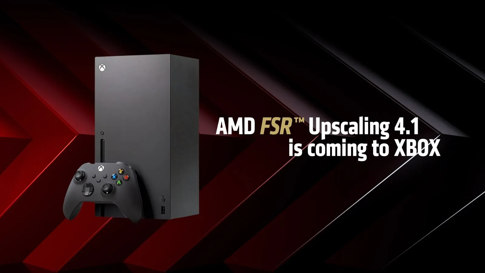 Xbox Series X и надпись AMD FSR Upscaling 4.1 is coming to XBOX