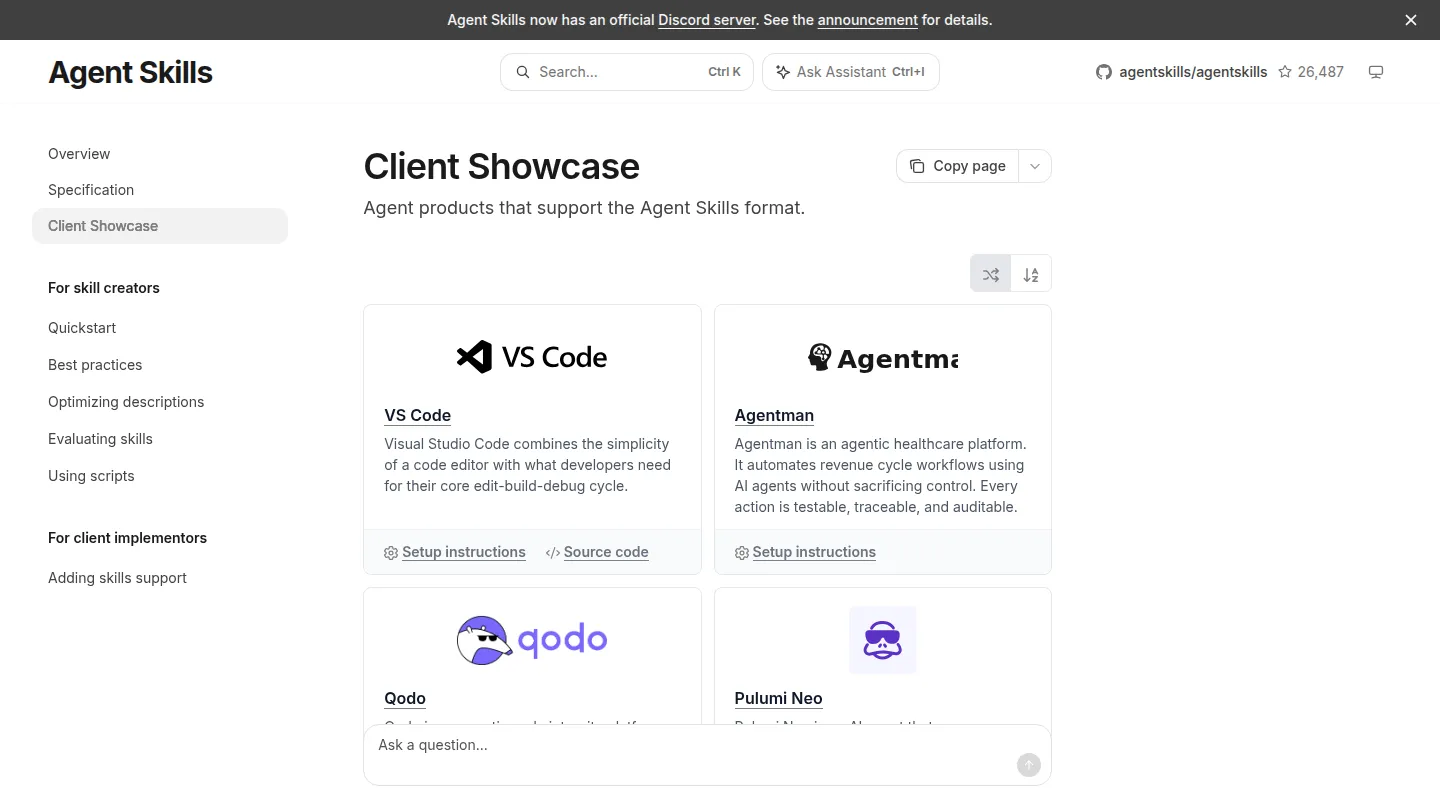 Список сервисов с поддержкой Agent Skills на agentskills.io