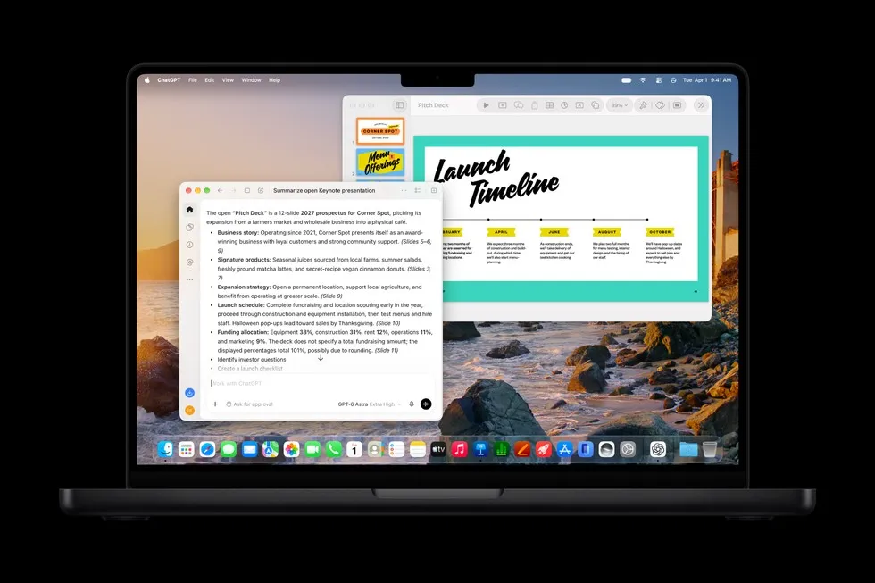 Внешний ИИ-агент пересказывает открытую презентацию Keynote на MacBook Pro