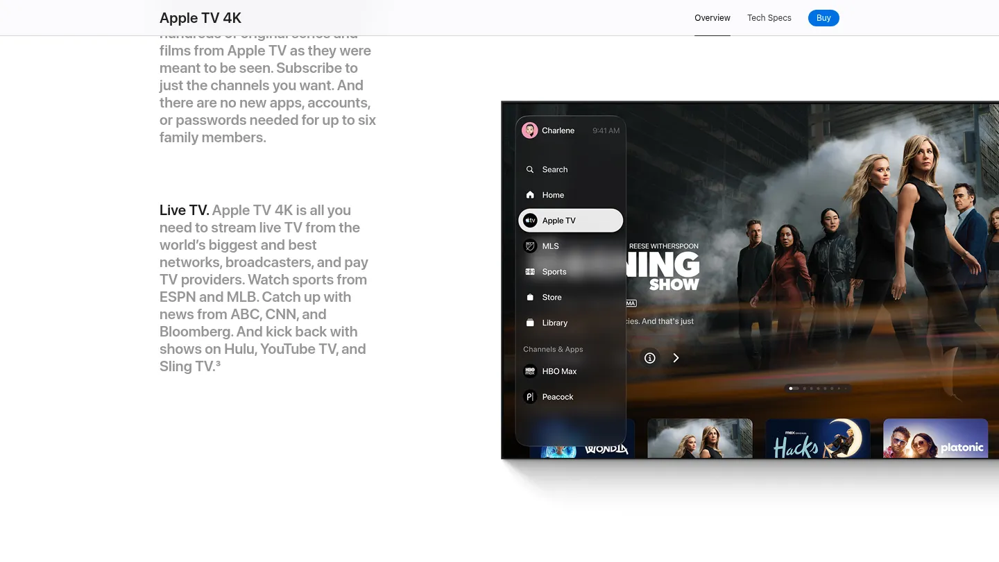 Интерфейс tvOS на странице Apple TV 4K