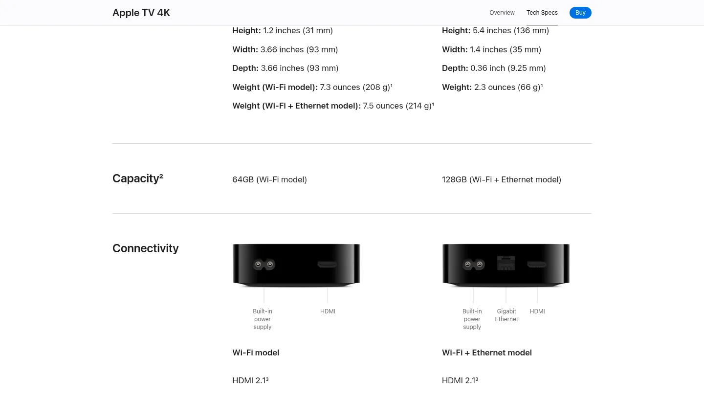 Характеристики Apple TV 4K на сайте Apple