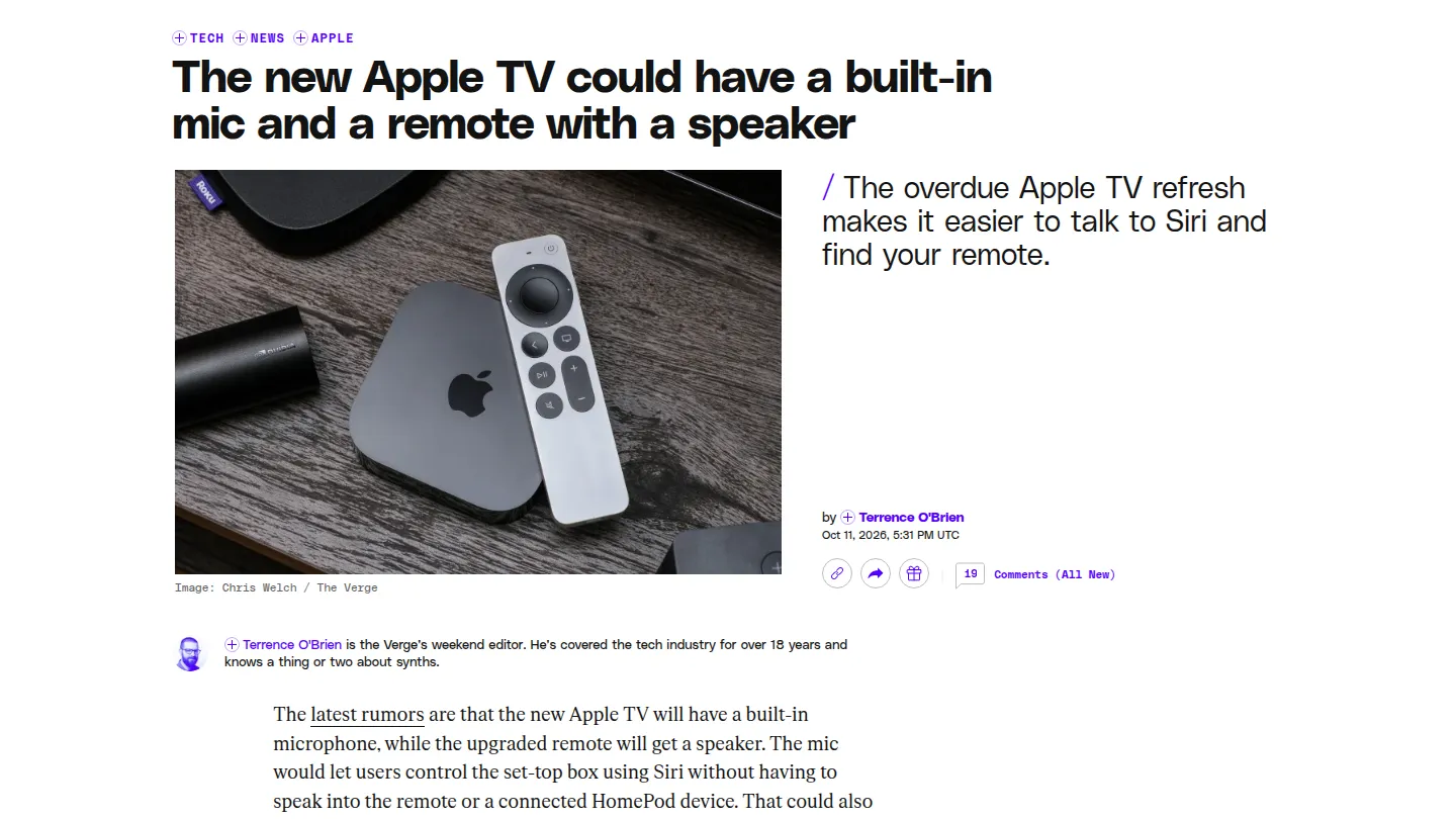 Заметка The Verge про микрофон в Apple TV и динамик в пульте