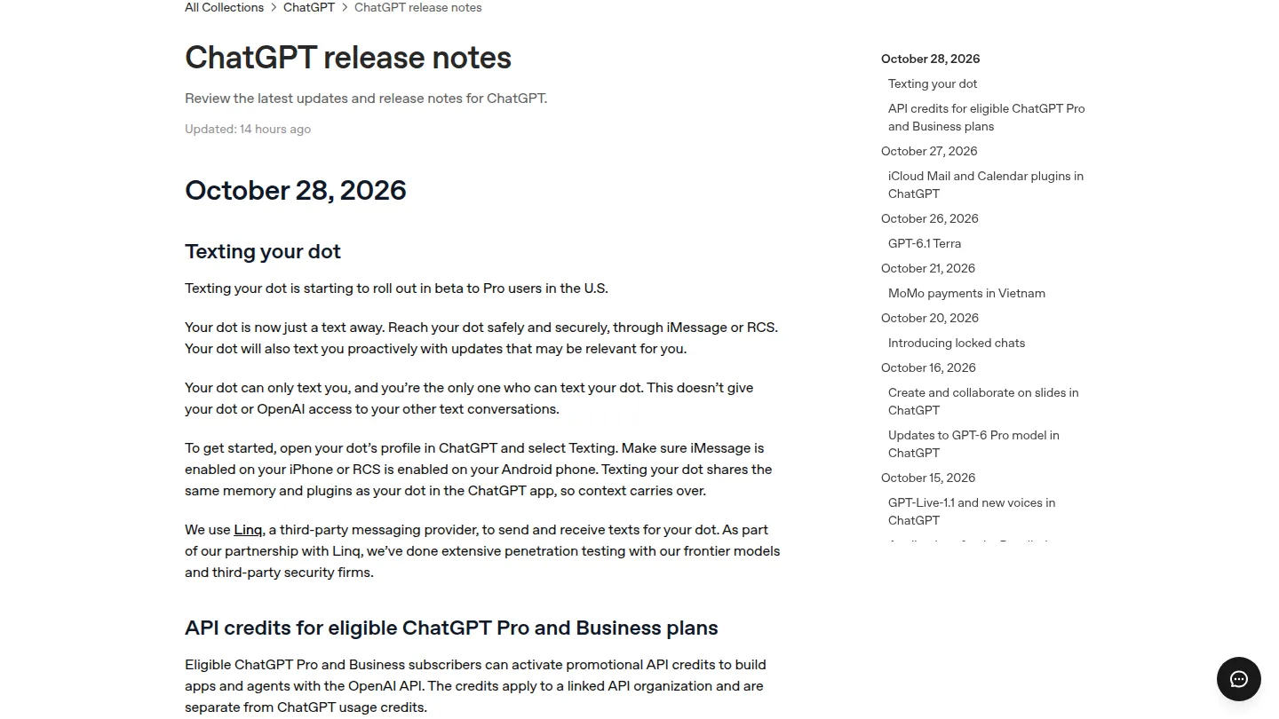 Запись Texting your dot в release notes ChatGPT