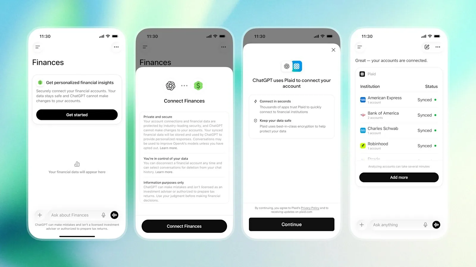 Четыре экрана подключения счетов к Finances в ChatGPT через Plaid