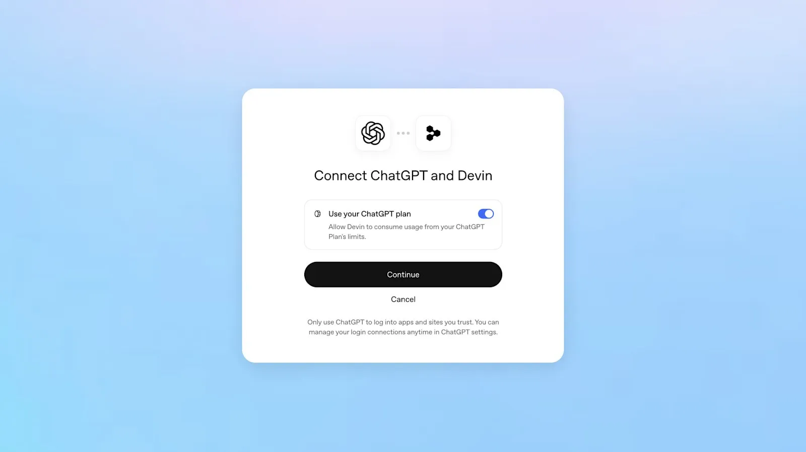 Окно подключения ChatGPT к Devin с переключателем Use your ChatGPT plan