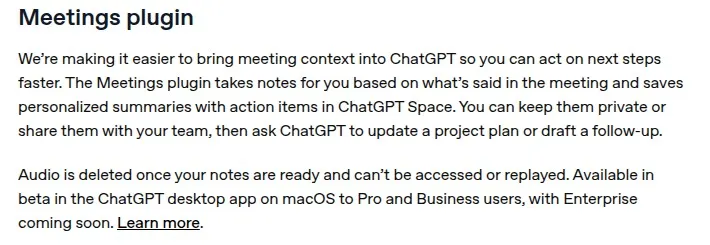Запись о плагине Meetings в журнале изменений ChatGPT