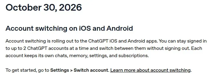Запись в релиз-ноутах ChatGPT от 30 октября 2026 о переключении аккаунтов на iOS и Android