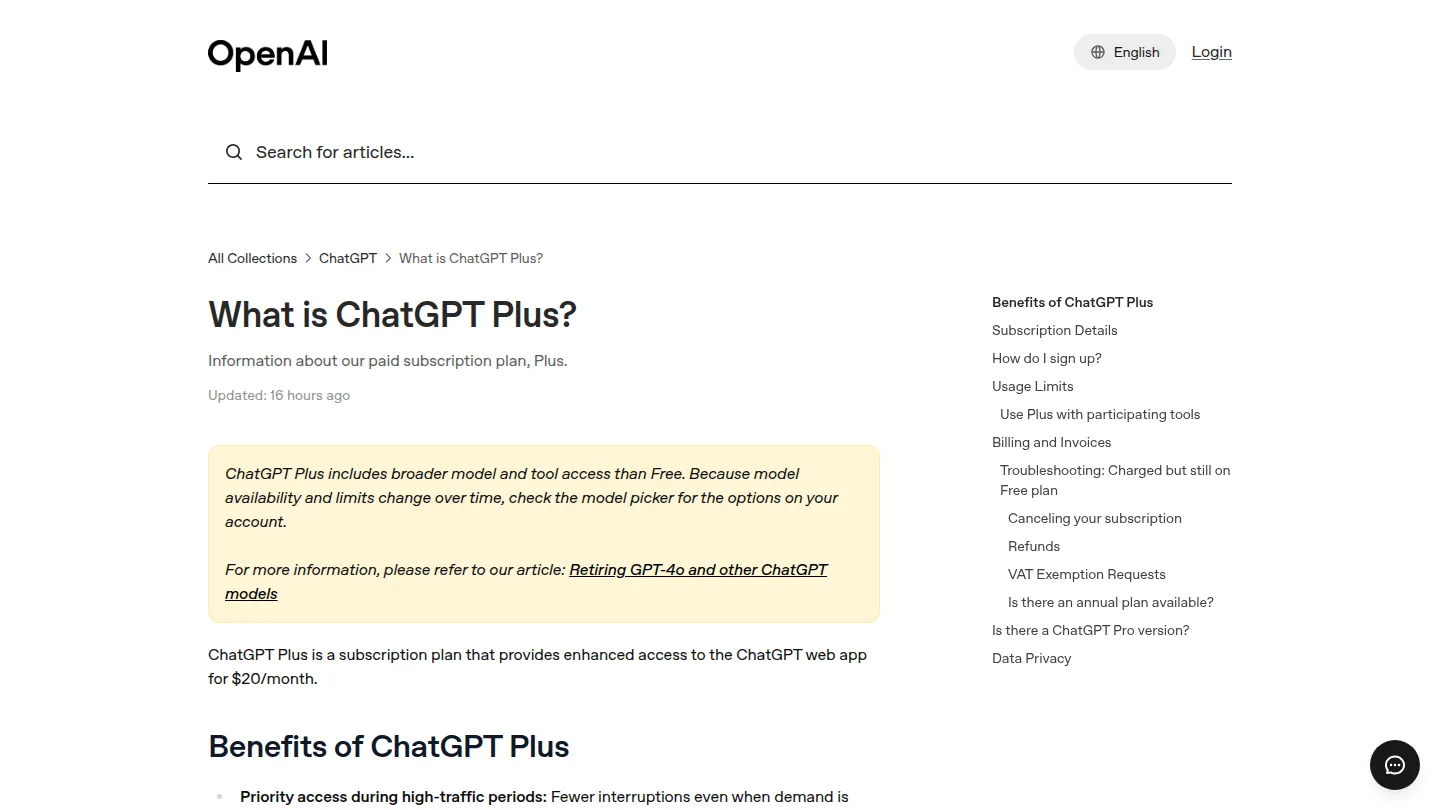 Справка OpenAI: ChatGPT Plus стоит $20 в месяц
