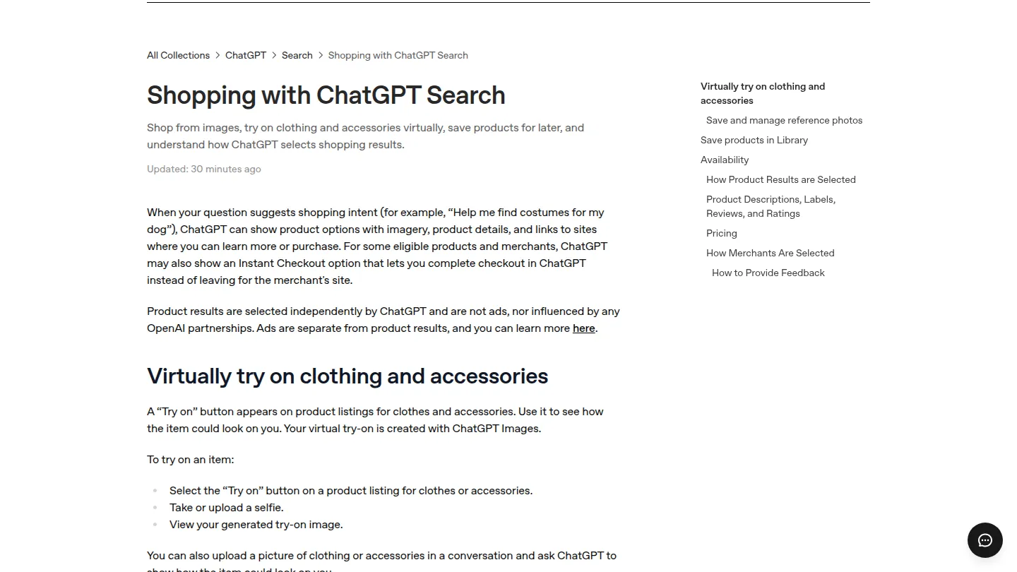 Раздел справки OpenAI о виртуальной примерке одежды в ChatGPT