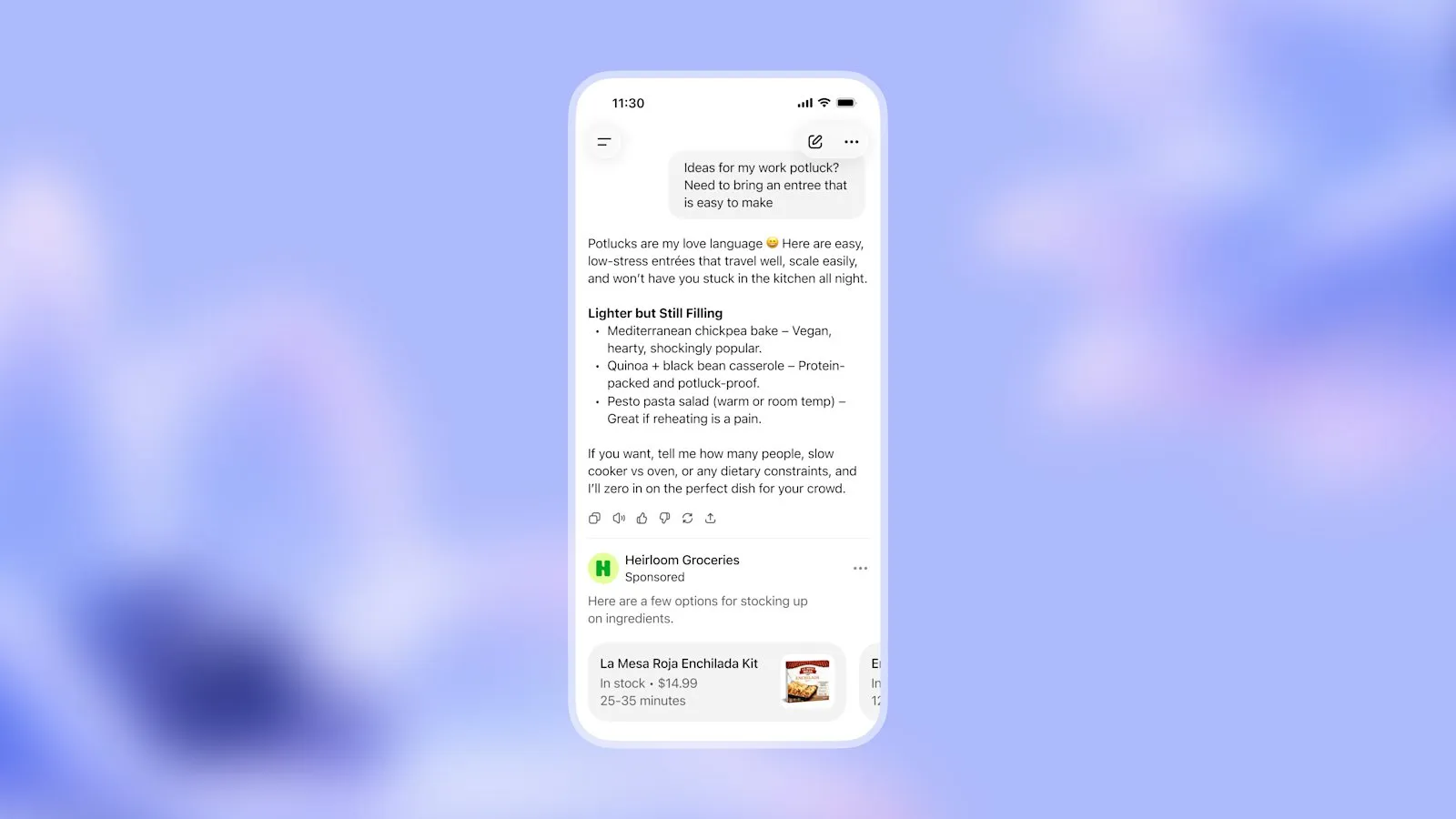 Ответ ChatGPT с рецептами и рекламной карточкой магазина продуктов под ним
