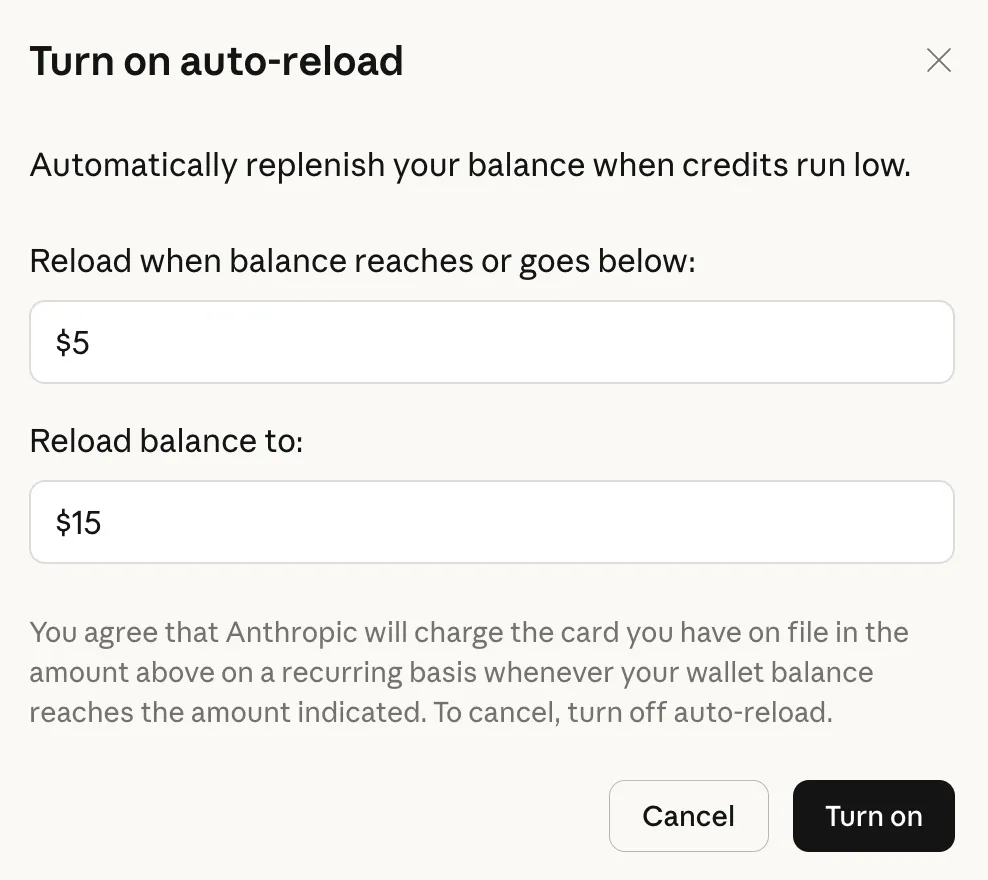 Окно автопополнения usage credits в настройках Claude