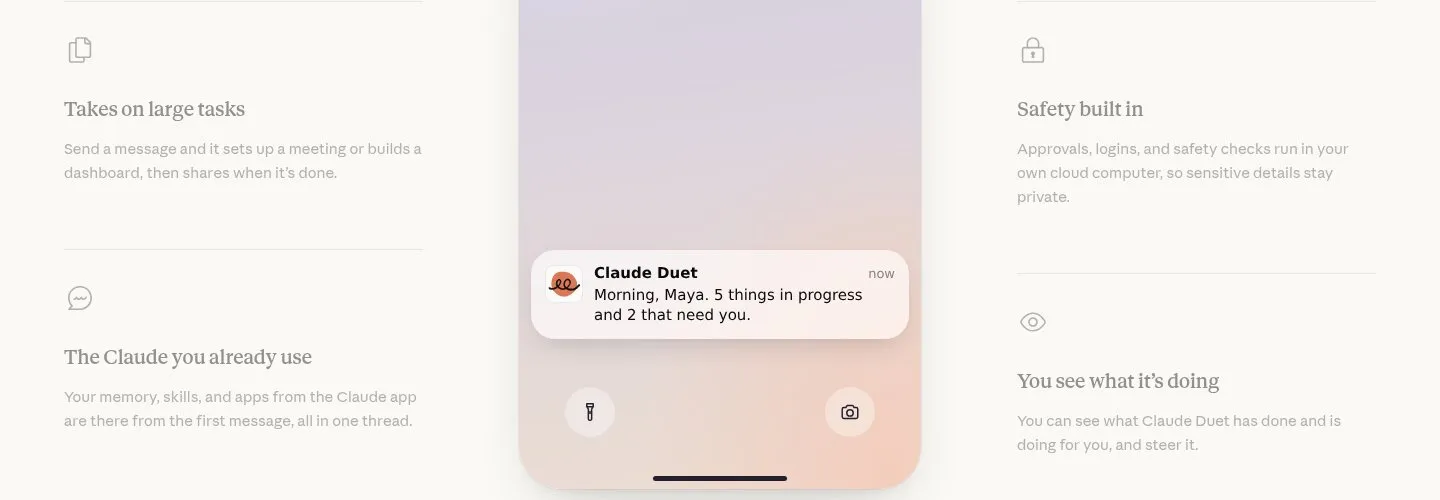 Уведомление Claude Duet на экране телефона: 5 дел в работе и 2 ждут вас