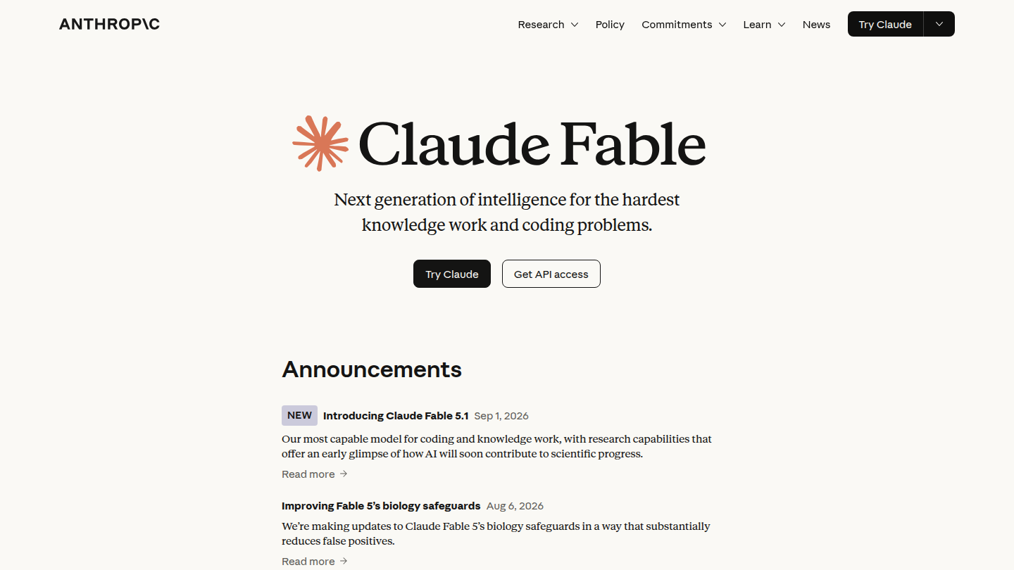 Страница Claude Fable на сайте Anthropic с анонсом Fable 5.1 от 1 сентября 2026