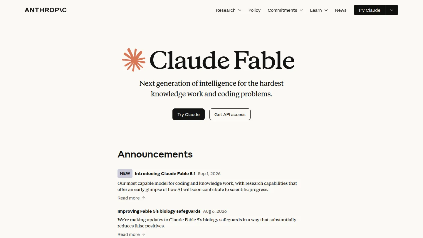 Страница Claude Fable на сайте Anthropic с анонсом Fable 5.1 от 1 сентября 2026