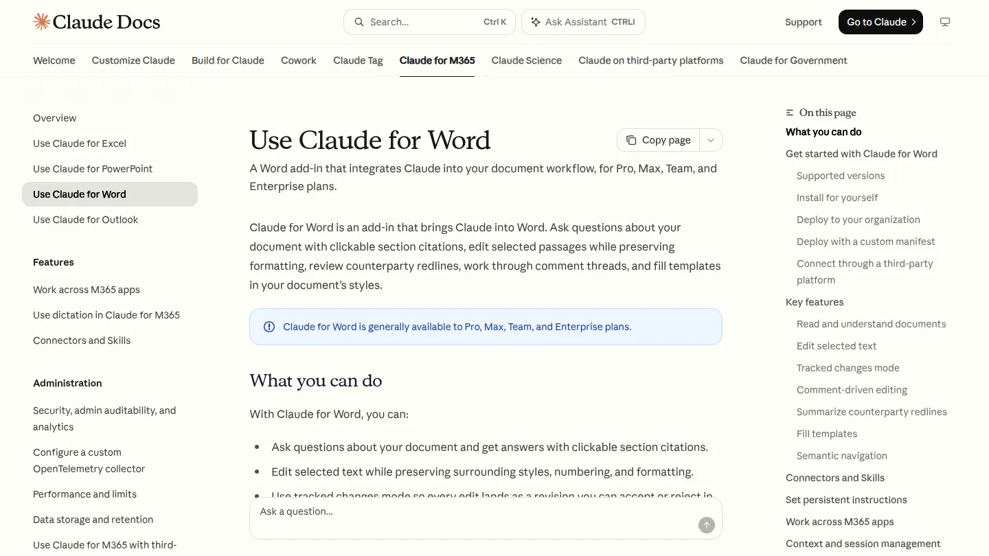 Справка Anthropic о надстройке Claude for Word