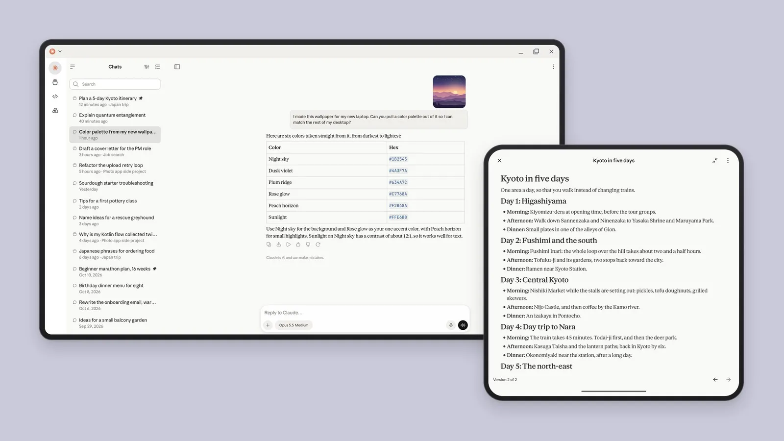 Claude для Android на экране ноутбука и складном телефоне