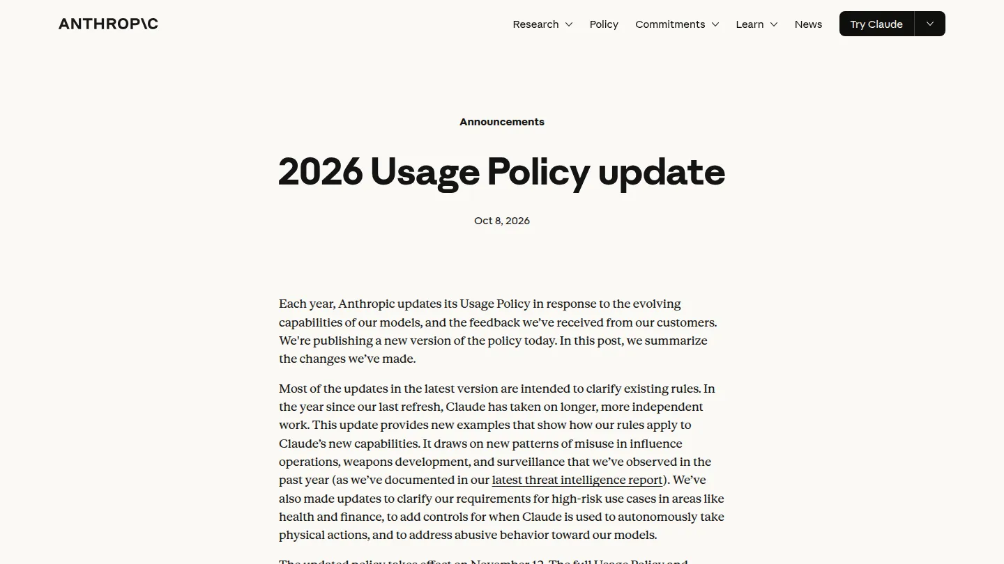 Анонс 2026 Usage Policy update на сайте Anthropic