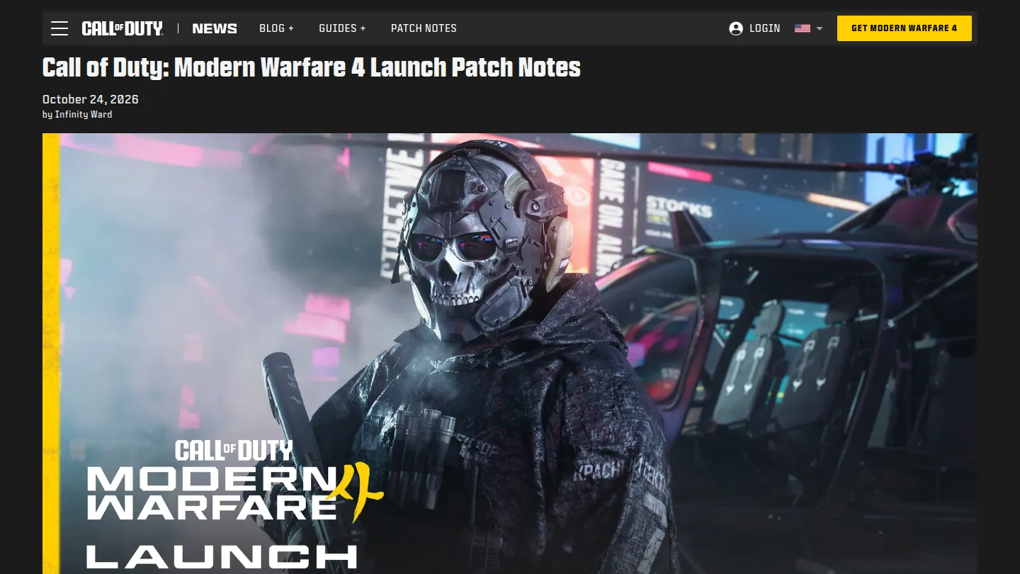 Страница патчноутов Modern Warfare 4 на сайте Call of Duty