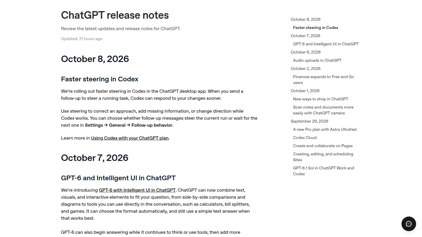 Запись Faster steering in Codex в релиз-нотах ChatGPT