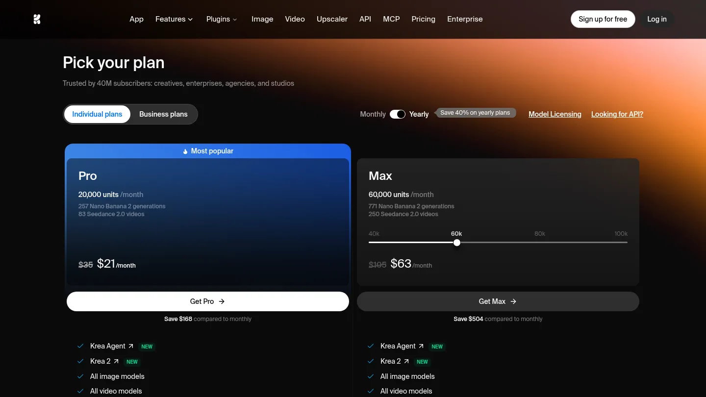 Тарифы Krea Pro и Max при оплате за год