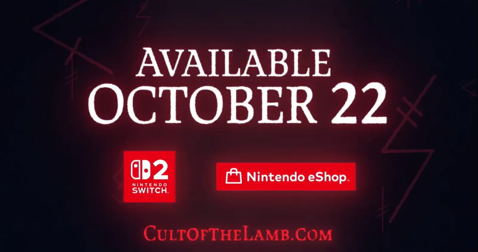 Анонс Cult of the Lamb для Switch 2: Available October 22, логотипы Switch 2 и Nintendo eShop
