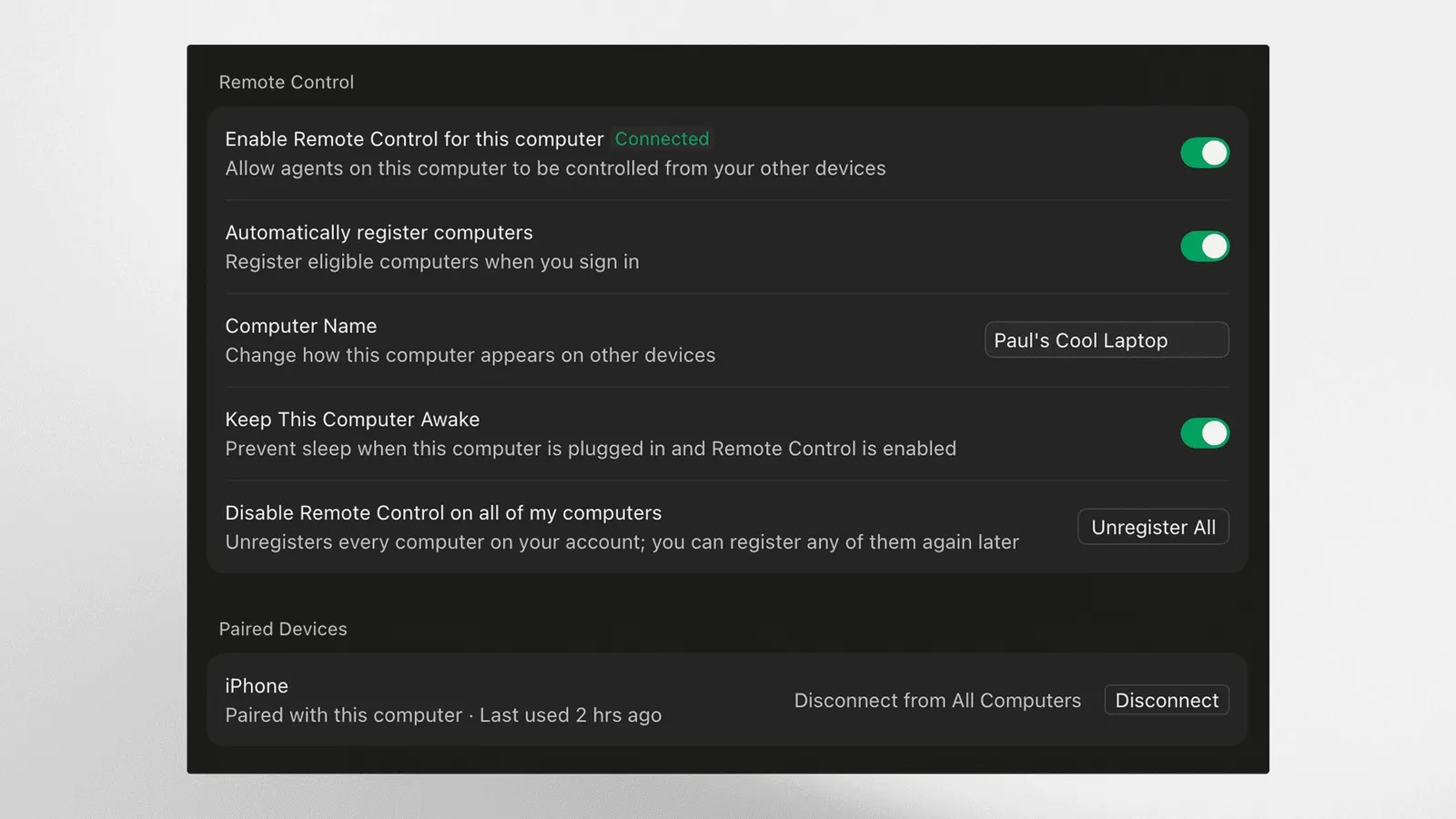 Раздел Remote Control в настройках Cursor на компьютере