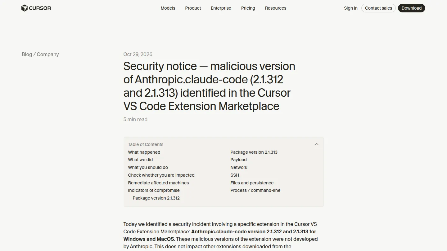 Уведомление Cursor о подменённой версии Claude Code