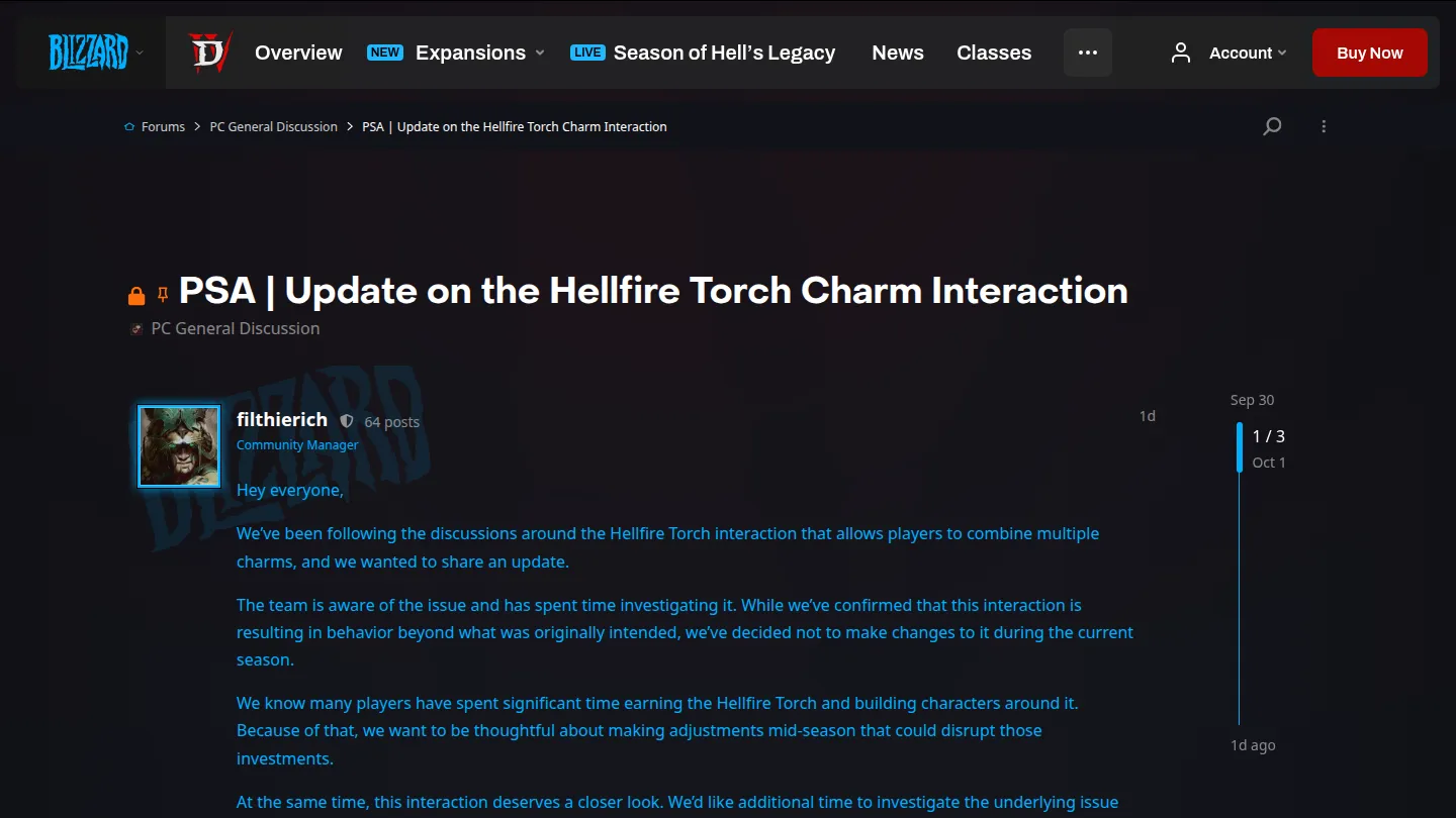 Сообщение Blizzard о Hellfire Torch на форуме Diablo IV