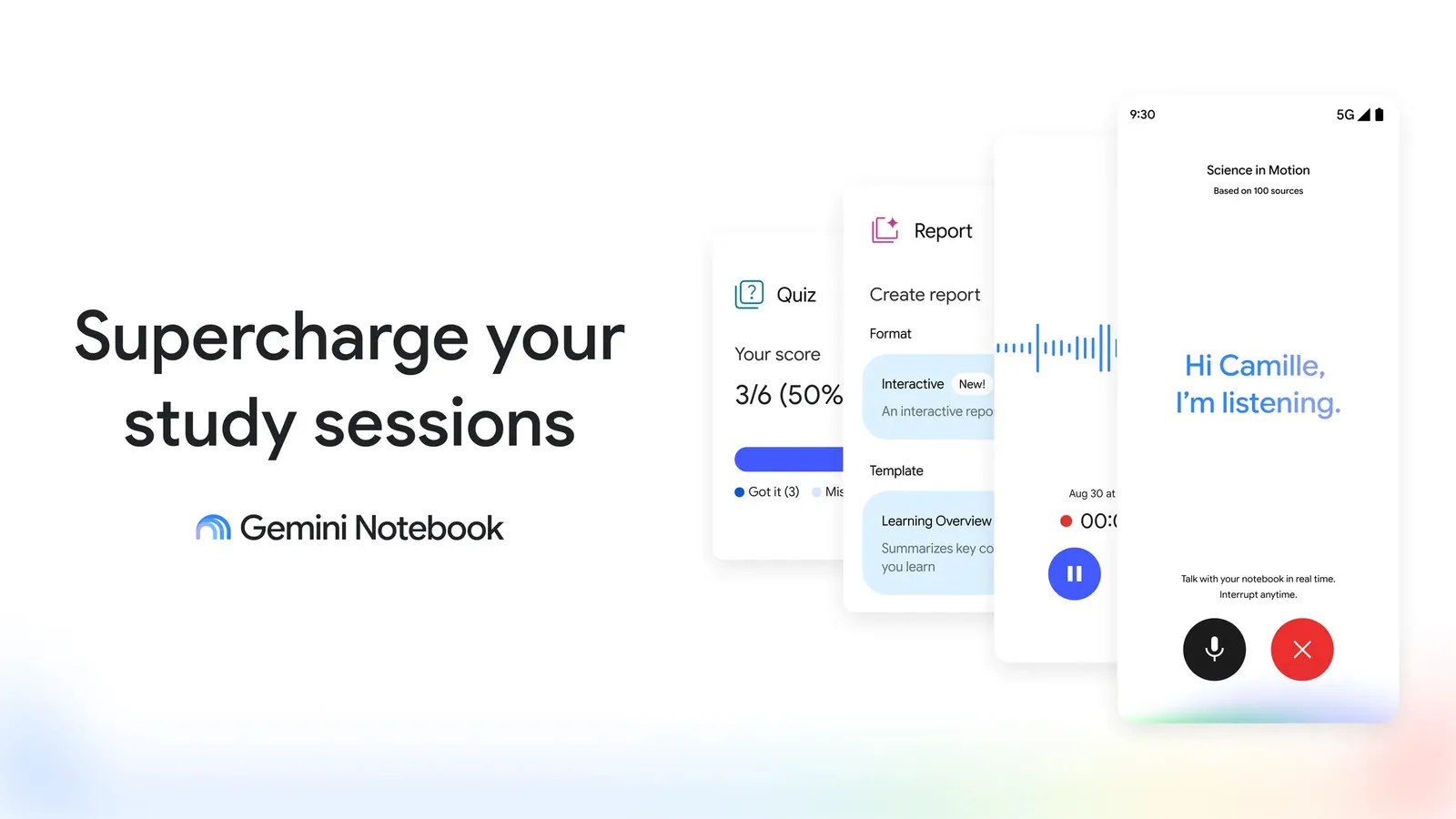 Окна Gemini Notebook: тест, отчёт, голосовой режим по 100 источникам