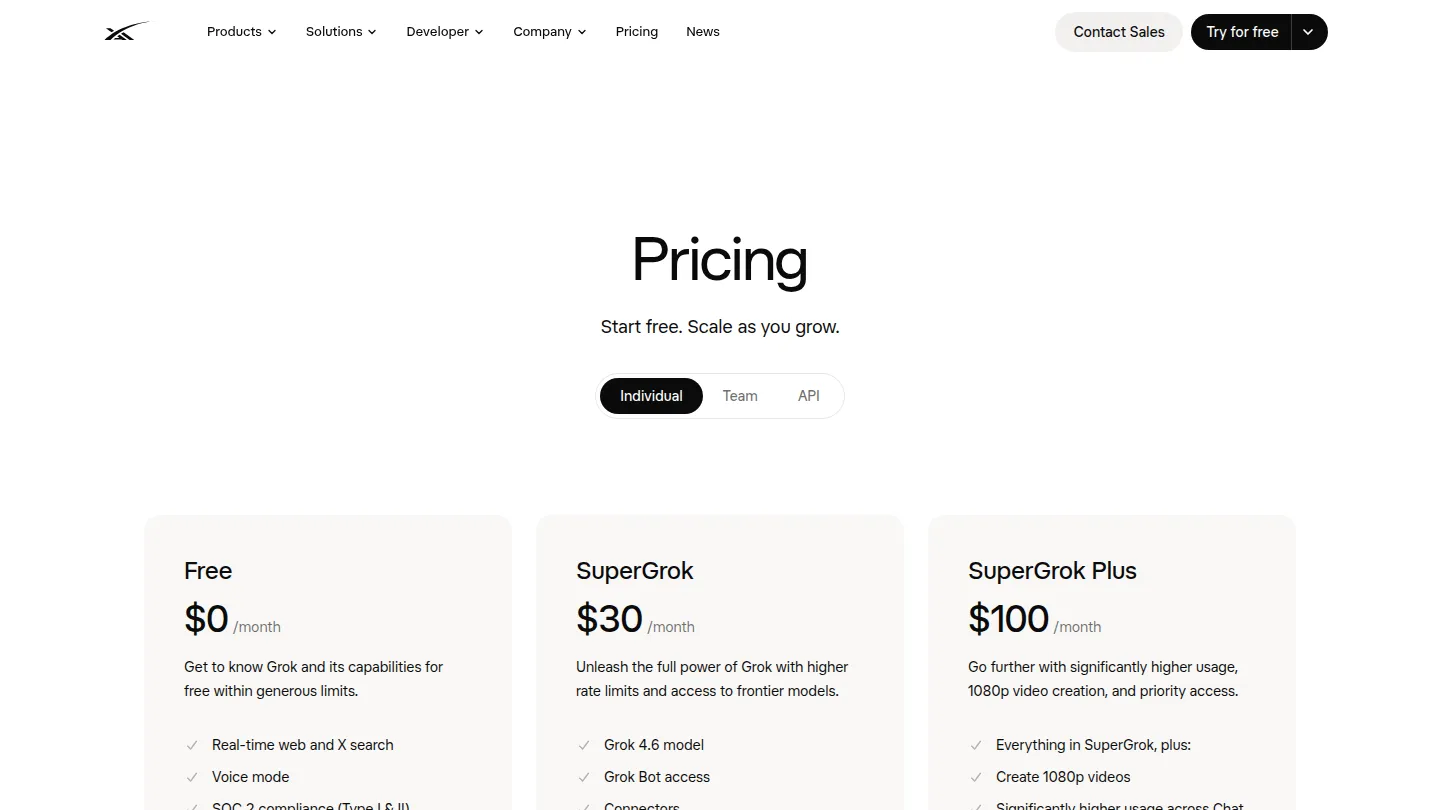 Тарифы Grok на странице цен xAI: Free, SuperGrok и SuperGrok Plus