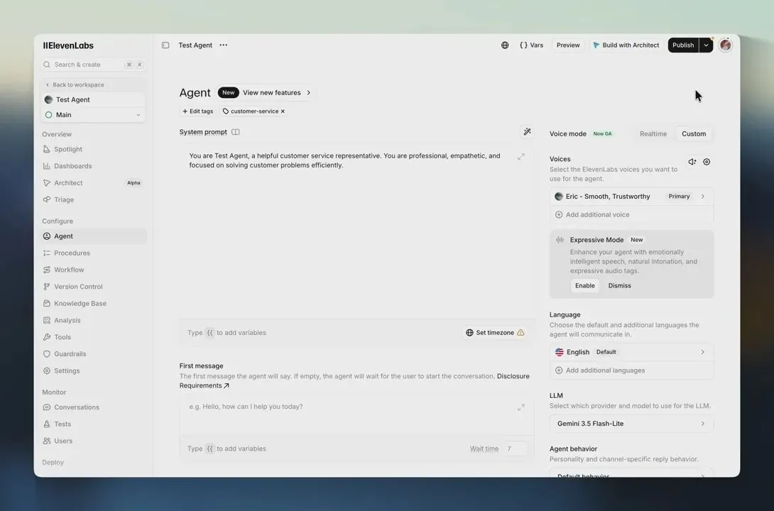 Настройки агента ElevenAgents с выбором Realtime
