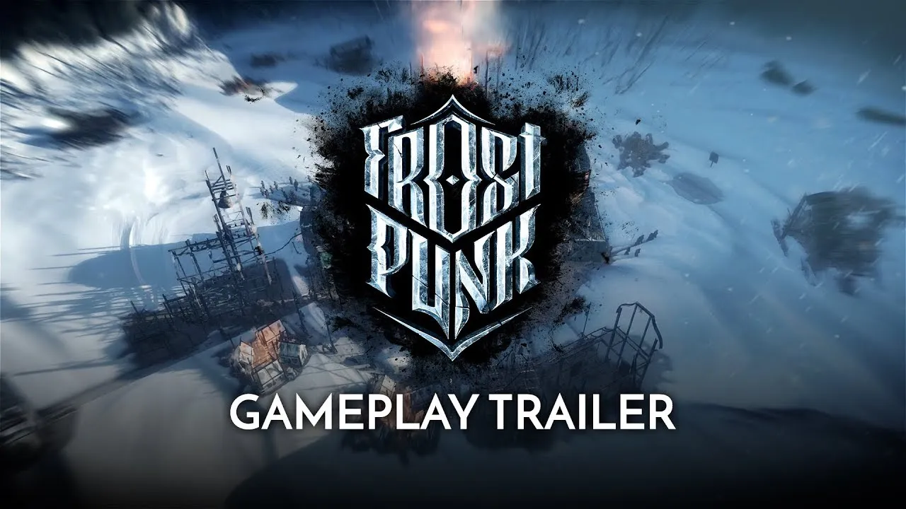 Заставка геймплейного трейлера Frostpunk: заснеженный город сверху