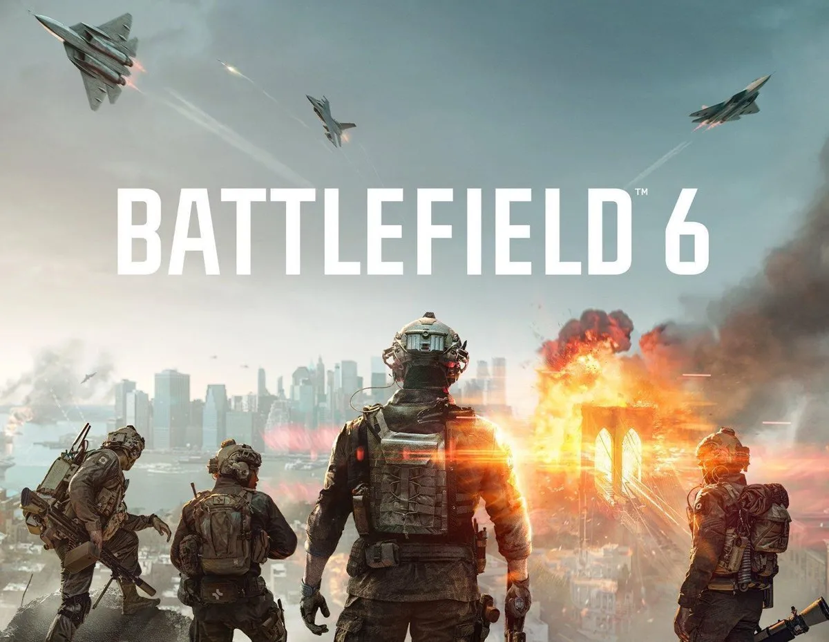 Обложка Battlefield 6: отряд на фоне горящего Бруклинского моста