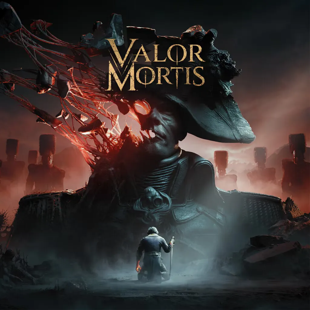 Обложка Valor Mortis: солдат на коленях перед статуей в треуголке