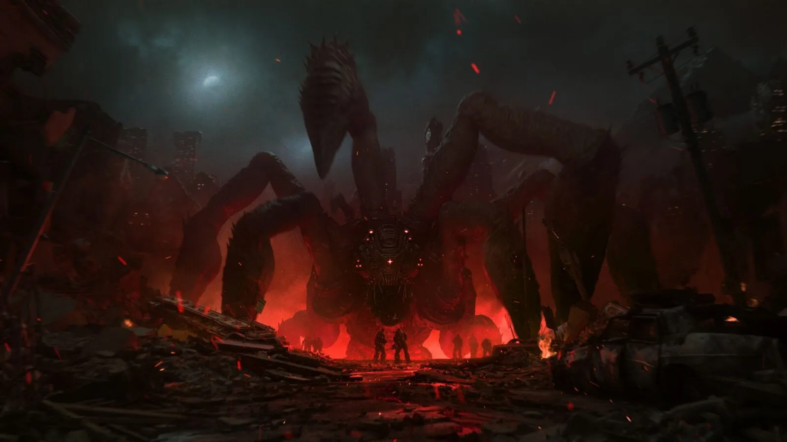 Отряд Gears of War: E-Day перед гигантским чудовищем Саранчи в разрушенном городе