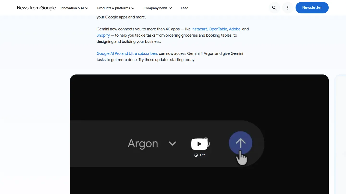Gemini 4 Argon: подключение к 40 приложениям и доступ для Pro и Ultra