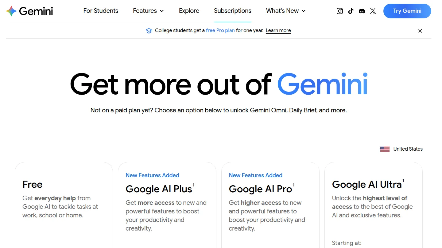 Тарифы Gemini: Free, Google AI Plus, AI Pro и AI Ultra