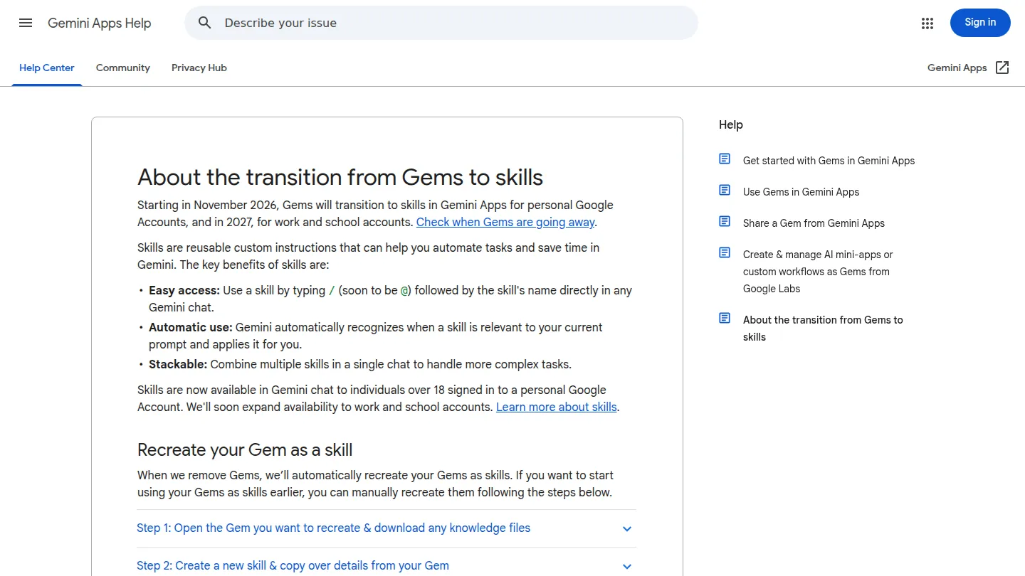 Справка Google о переходе от Gems к skills
