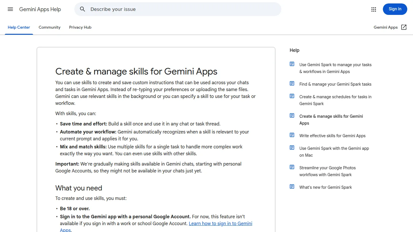Справка Google о создании skills в Gemini