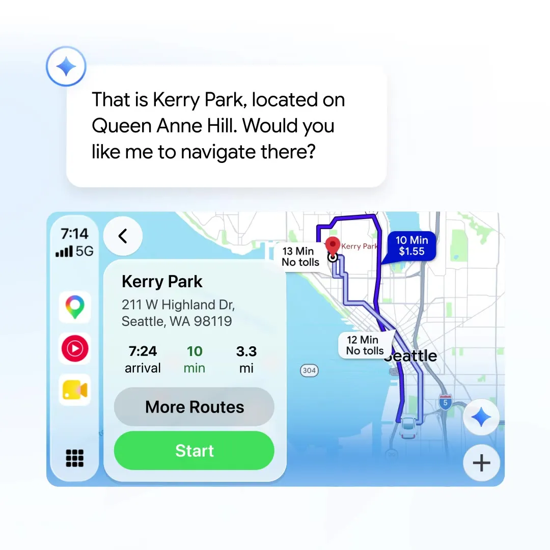 Gemini в Google Картах на CarPlay предлагает маршрут до Kerry Park