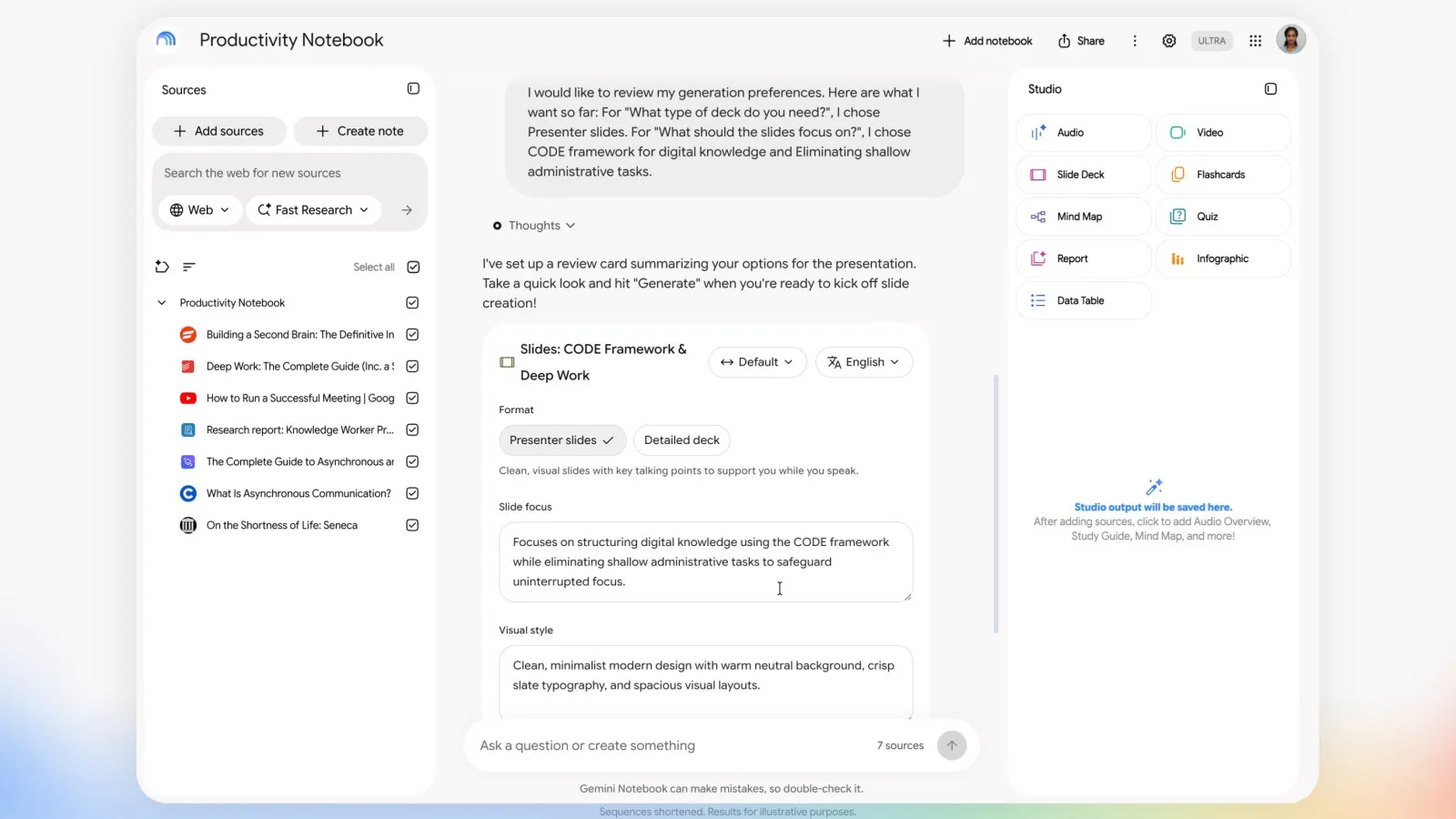 Карточка настроек презентации в чате Gemini Notebook