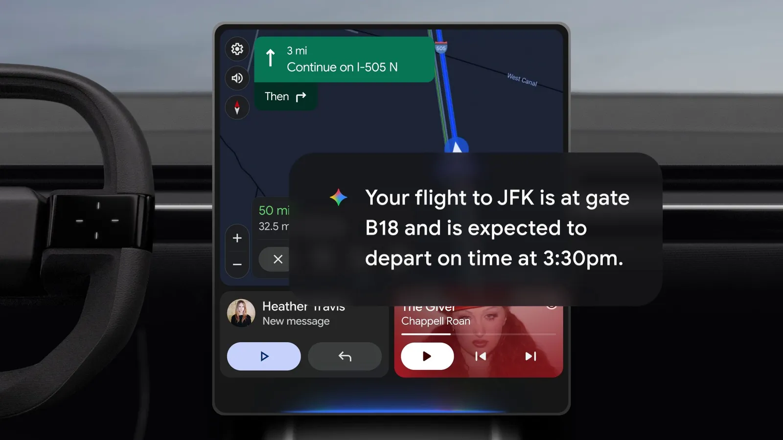 Ответ Gemini про гейт и время вылета на экране Android Auto