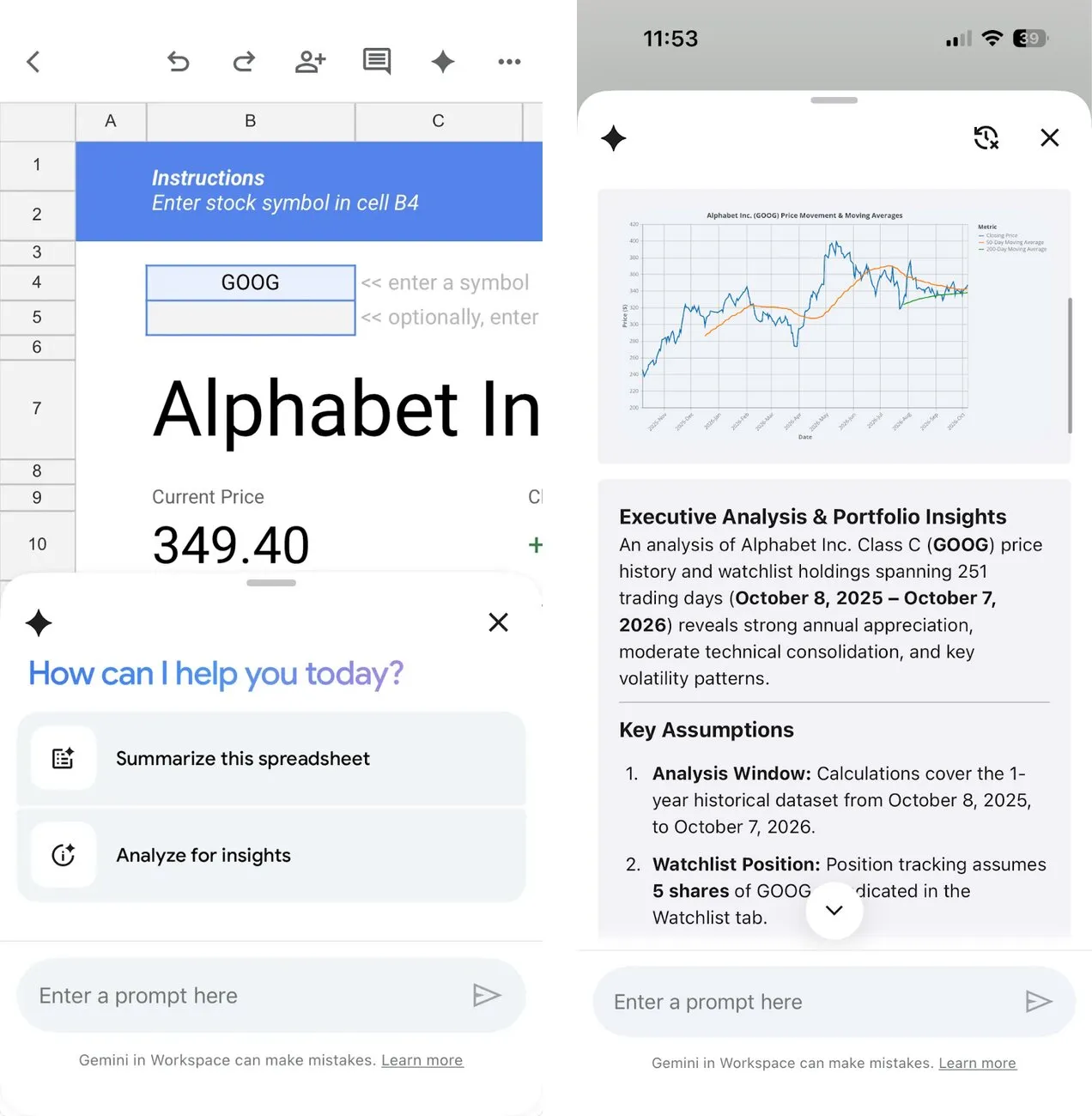 Gemini в Google Таблицах на iPhone: подсказки и разбор таблицы с котировками