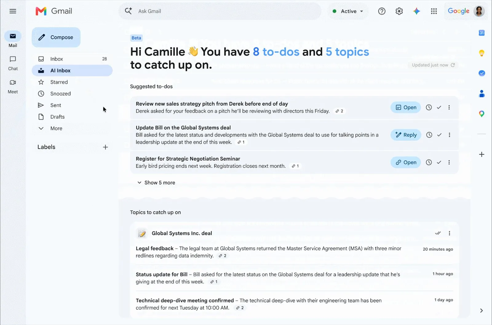 AI Inbox в рабочем Gmail: список дел и сводки по темам