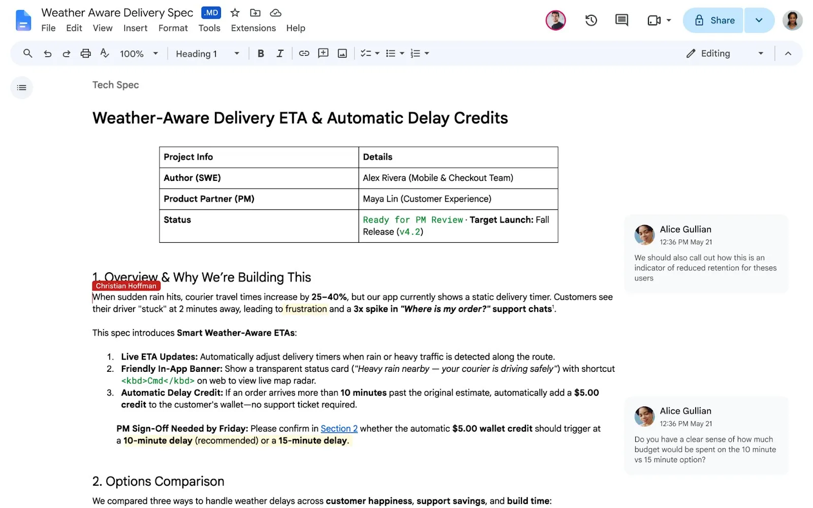Файл Markdown открыт в Google Docs с таблицей, списками и комментариями