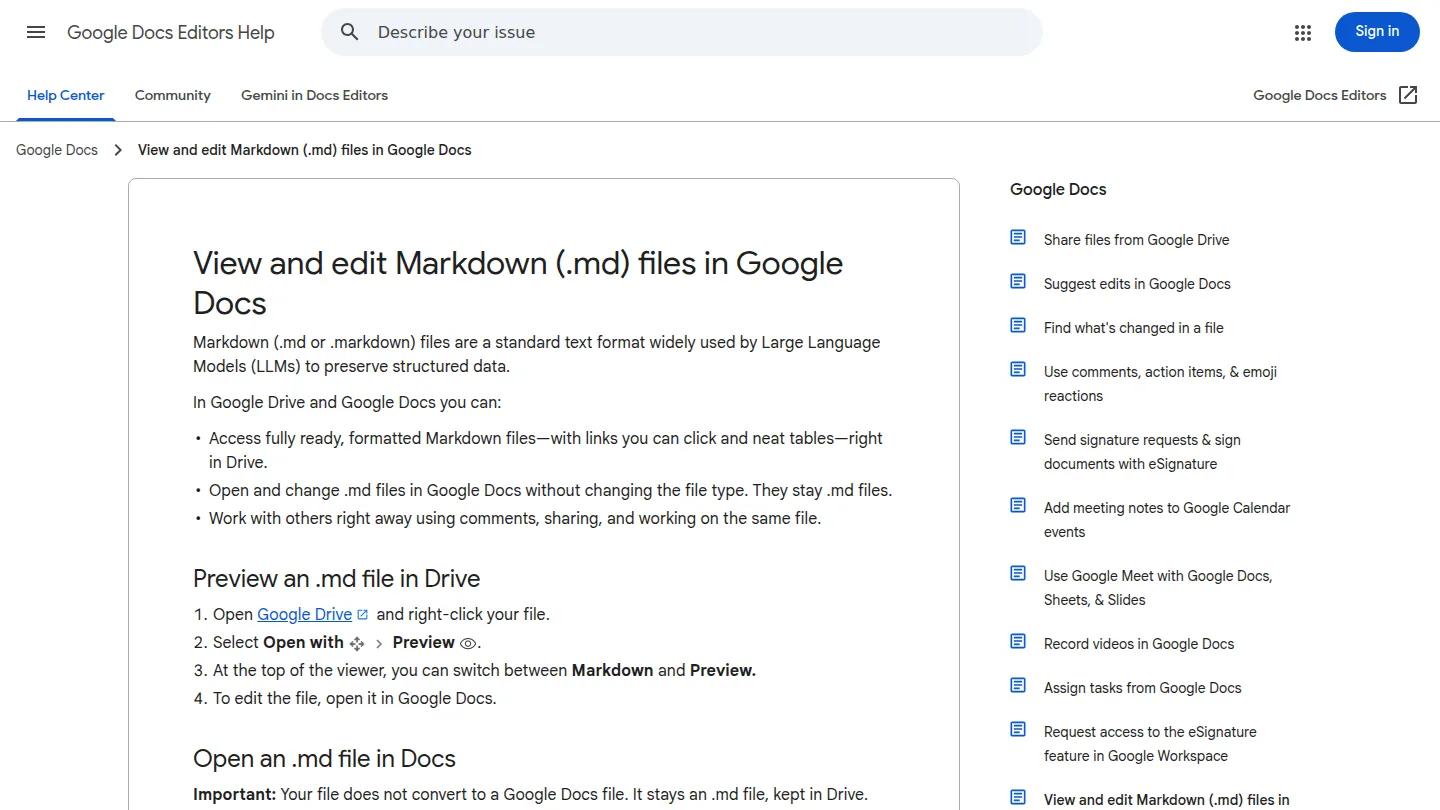 Страница справки Google Docs о файлах Markdown