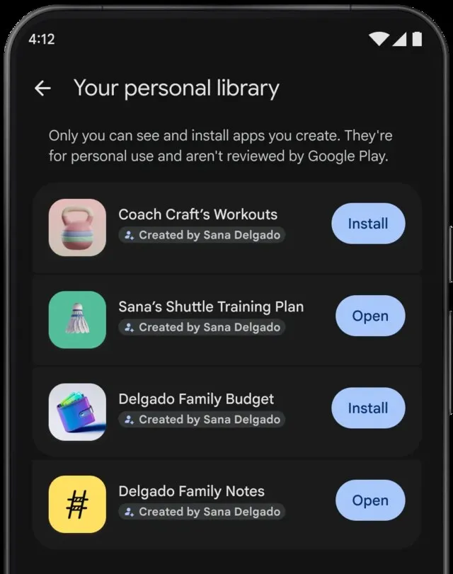 Раздел личной библиотеки в Google Play с самодельными приложениями