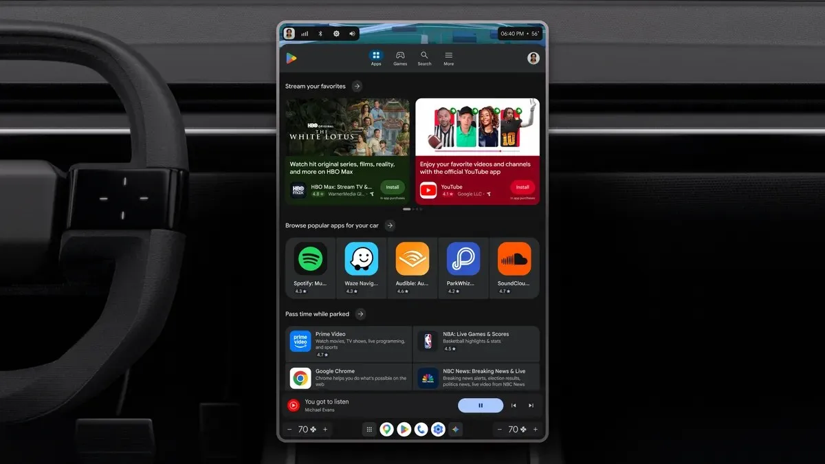 Новый Google Play на вертикальном экране автомобиля