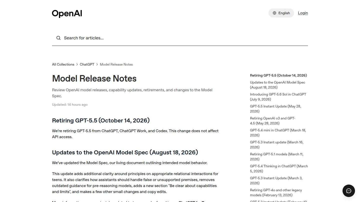 Запись Retiring GPT-5.5 от 14 октября 2026 в заметках OpenAI